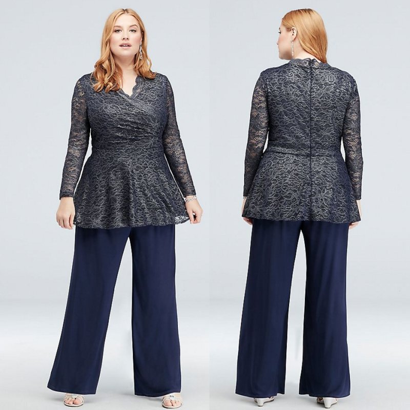 Navy Dark Lace Mother Of The Bride Pant Suits V Neck Formal Wedding Guest Dress With Long Sleeves Plus Size Mothers Groom Dresses