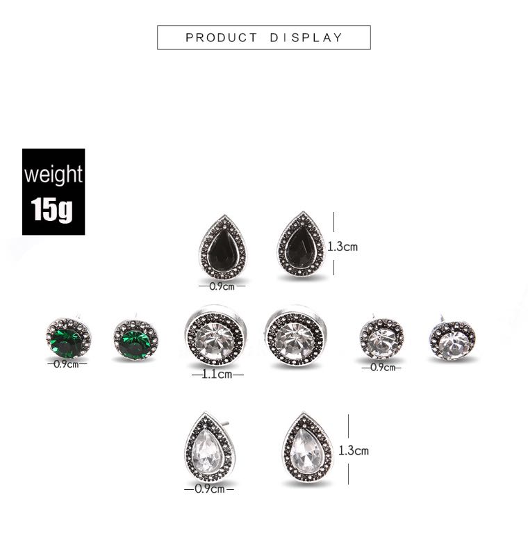 Vintage Bohemia Stud Big Fashion Crystal Earring Shinny Black White Green Rhinestone 5 Pairs For One Set