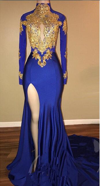 Arabic High Neck Prom Dresses Gold Appliques Mermaid Vintage Long Sleeves 2018 Sexy High Split Black Girls Evening Gowns