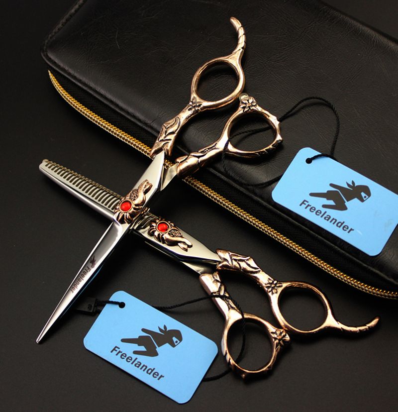 Freelander 6.0 inch 440C TB-66/TB-67 red drilled sunflower/TB-68 Pharaoh crown cutting/thinning scissors with leather case