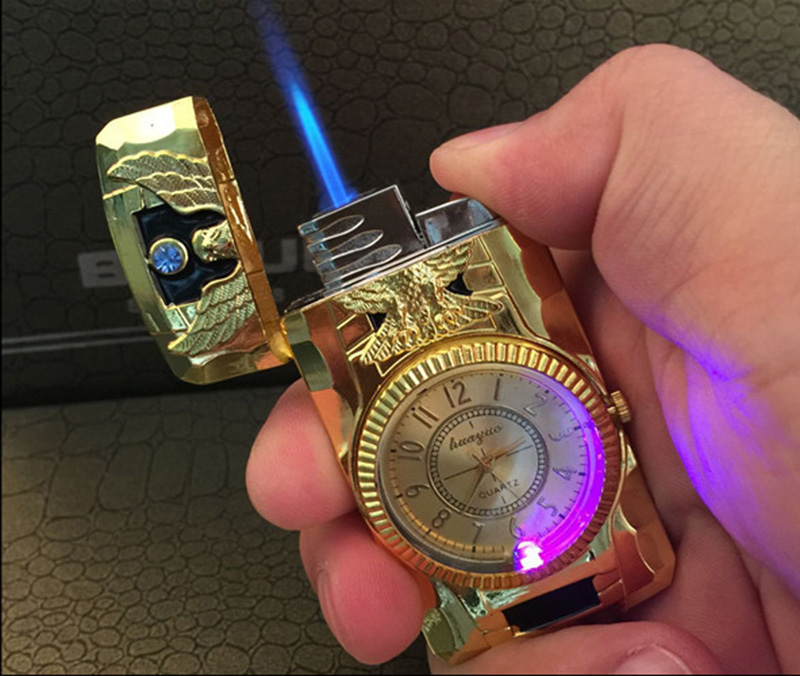 2 in 1 Jet Torch Quartz Watch cigarette Lighter Butane gas Refillable windproof blue scorch flame metal for kitchen eagle gecko belt gold
2 in 1 Jet Torch Quartz Watch cigarette Lighter Butane gas Refillable windproof blue scorch flame metal for kitchen eagle gecko belt gold