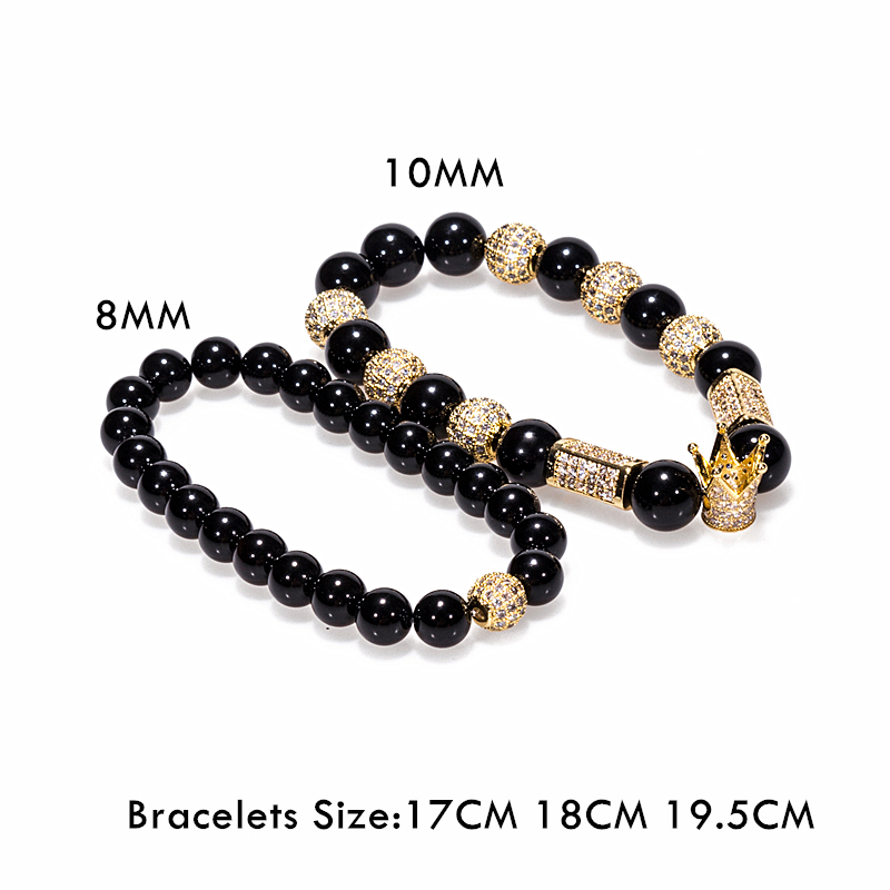 2pcs/Set Zircon Ball Men Women Jewelry Cubic Micro Pave CZ Crown Charm 8mm 10mm Black Onyx Round Stretchy Bracelet