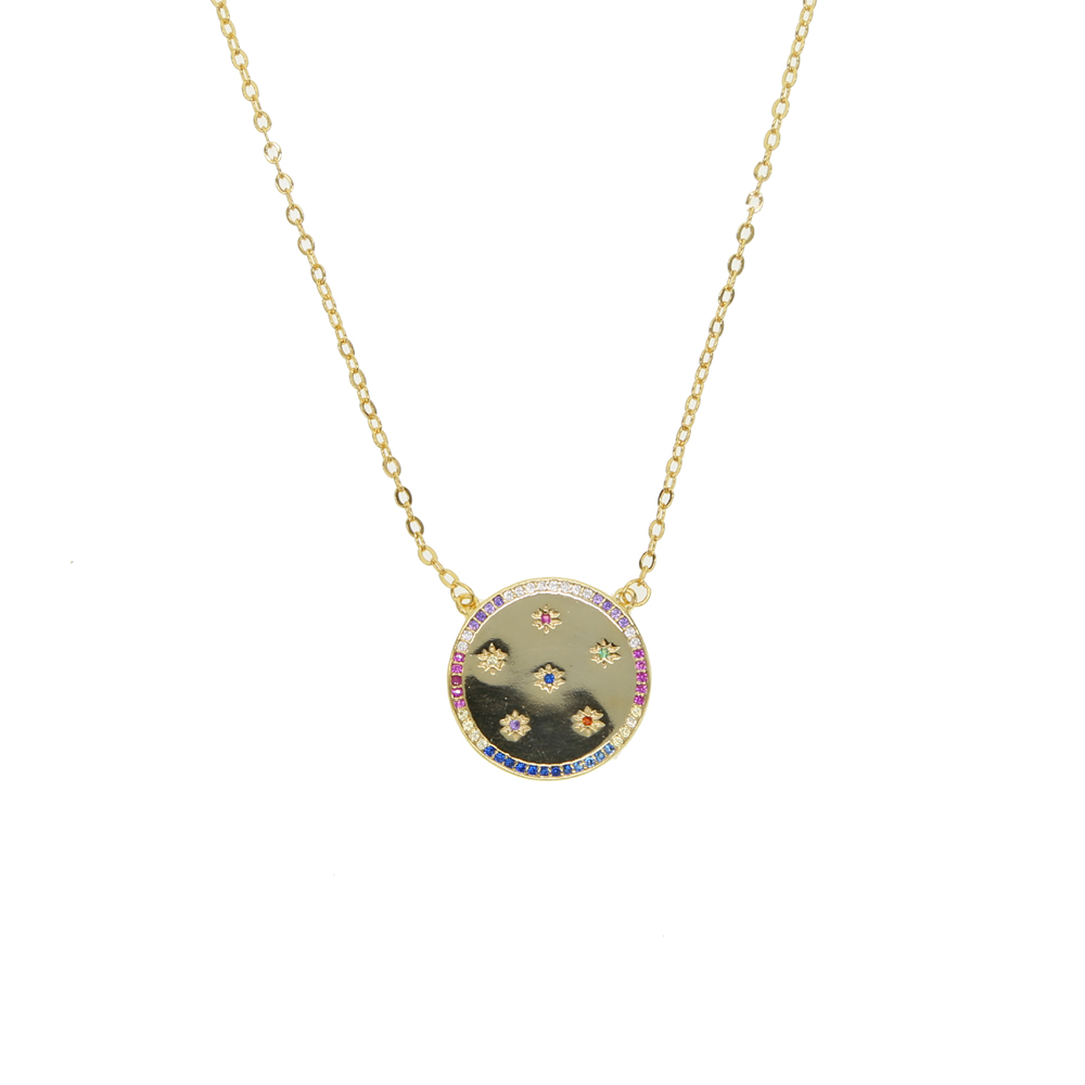 statement coin necklace paved rainbow cz engraved star geometric round plate classic simple fashion jewelry