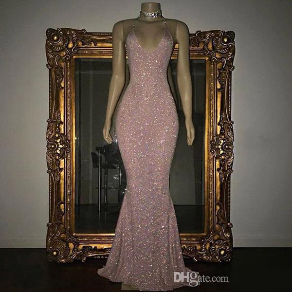 2020 Stunning Rose Pink Sequined pink beautyful Prom Dresses Sexy Spaghetti Straps Mermaid Sleeveless Evening Gowns