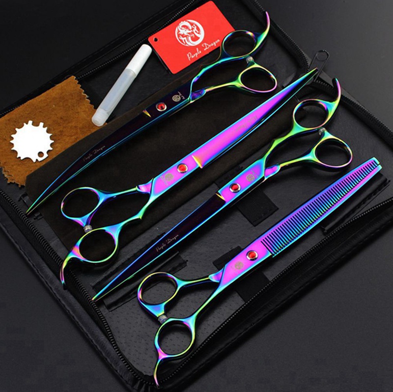 5 colros with leather case purple dragon 4 pcs set 8 inch professional hair scissors hair cutting scissors /Thinning scissors, scissors set