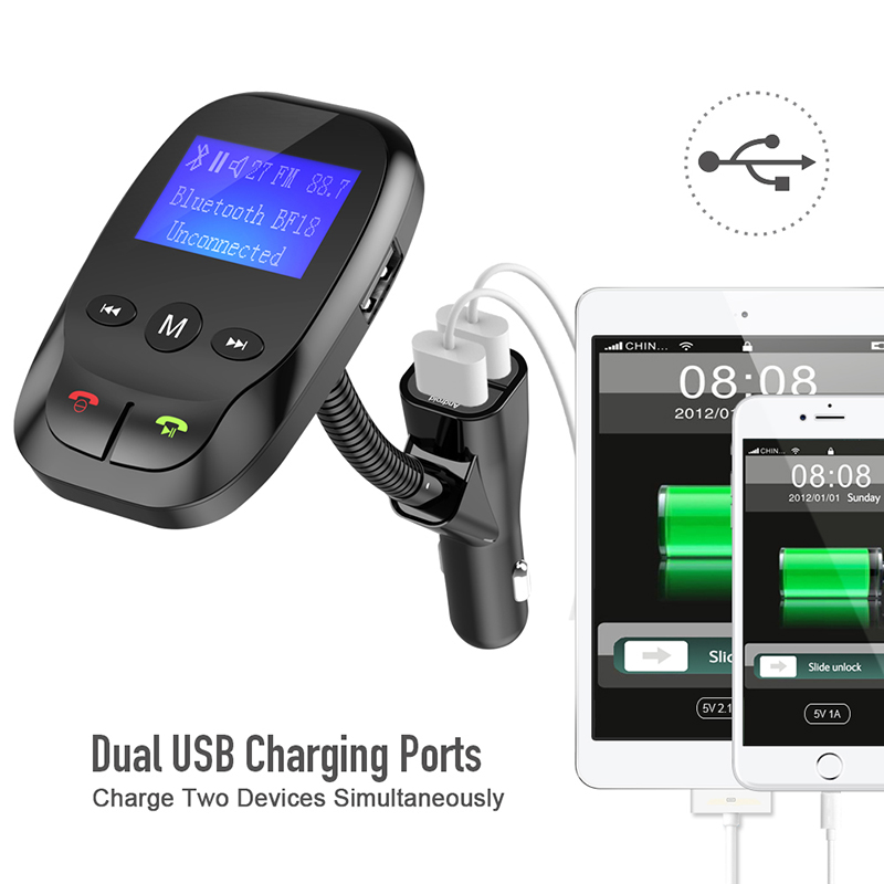 Multifunctional Dual USB Car Charger with Bluetooth & FM Transmitter Compatible with USB Drive & SD Cards