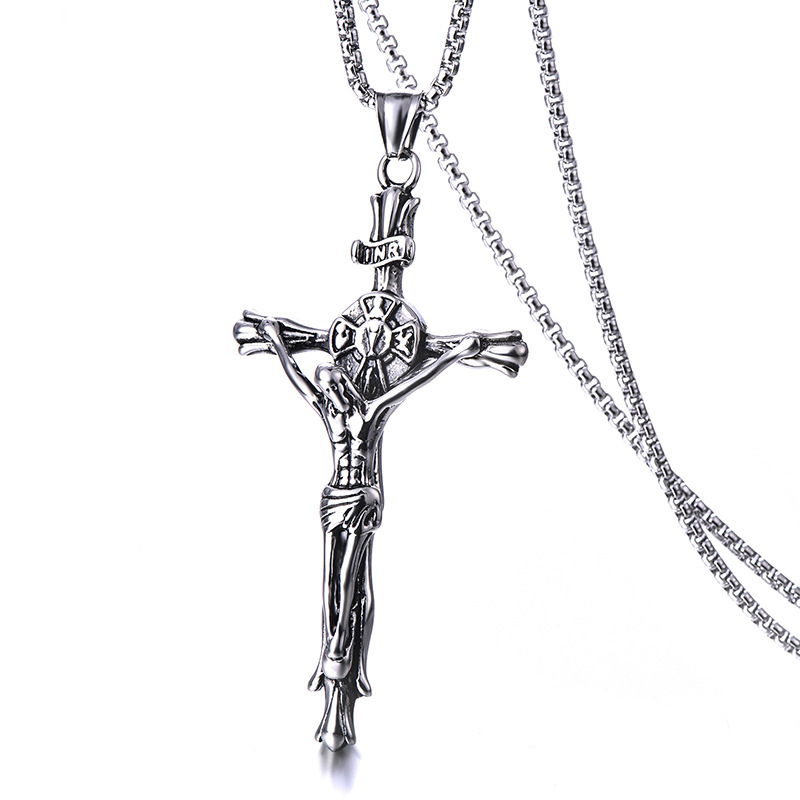 Mens Retro Jesus Cross Pendant Necklace Stainless Steel Gold Plated Fashion Jewelry Gift Non-fading Not Sensitive