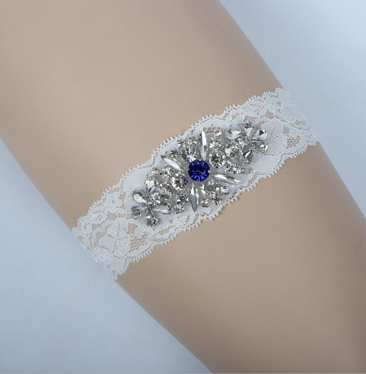 One Piece Lace Wedding Garters Set Bridal Garters Belt Blue Rhinestones Crystals Wedding Bridal Leg Garters 2019 In Stock Cheap
