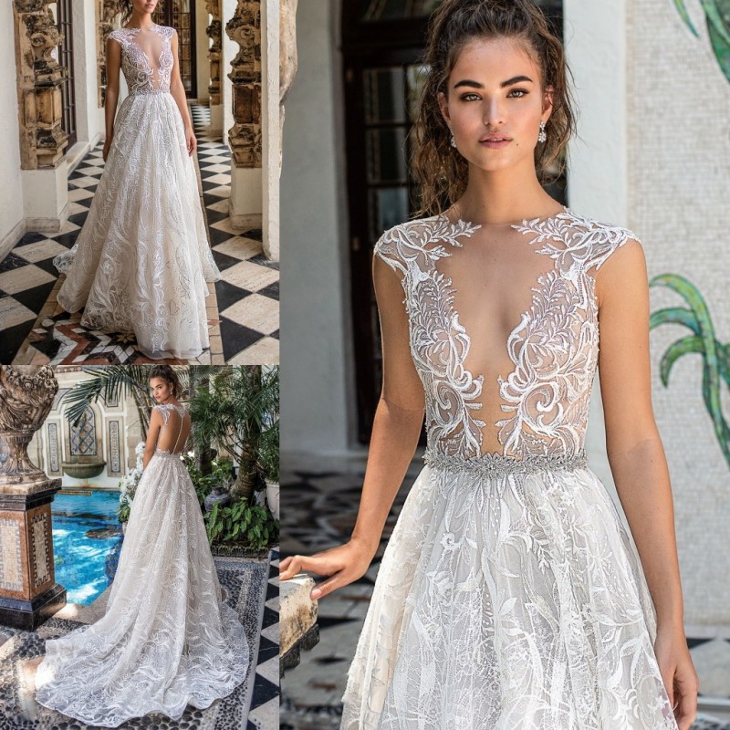 Berta Newest Wedding Dress Sexy Illusion Lace Beads Design Covered Button Backless Sweep Train Bridal Gowns Custom Made Robes De Marie