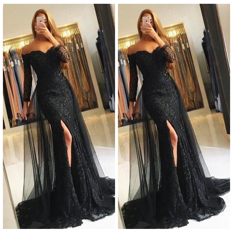 Elegant Black Long Evening Dresses 2018 Lace Off Shoulder Long Sleeves Mermaid Evening Gowns Sexy Side Split Formal Prom Party Dresses, Dark navy
Elegant Black Long Evening Dresses 2018 Lace Off Shoulder Long Sleeves Mermaid Evening Gowns Sexy Side Split Formal Prom Party Dresses, Dark navy