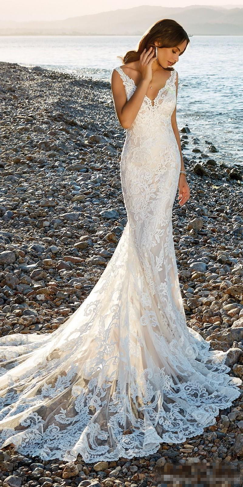 beach wedding dresses v neck lace appliques robe de mariee sexy backless mermaid bridal gowns custom made plus size wedding dress