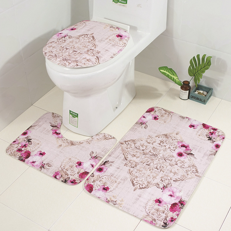 Zeegle Floral 3Pcs Bathroom Mat Set Anti-slip Bathroom Floor Rugs Cushion Toilet Seat Cover Toilet Bath Mat Carpet Set