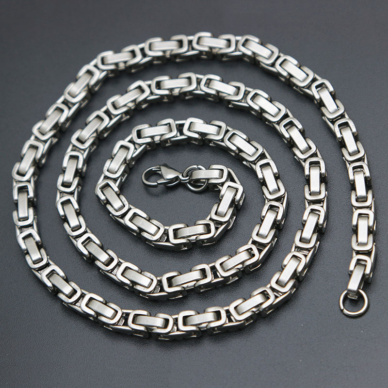 Mens Chain 4mm 5mm Silver Tone 316 Stainless Steel Byzantine Box Link Necklace Chain