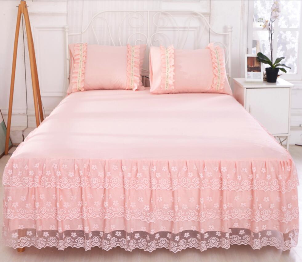 Pink Lace bedding Bed Skirt 1/3pcs Romantic Princess Bedspread Girls Bed sheet Pillowcase Home Textile Full Queen King Size