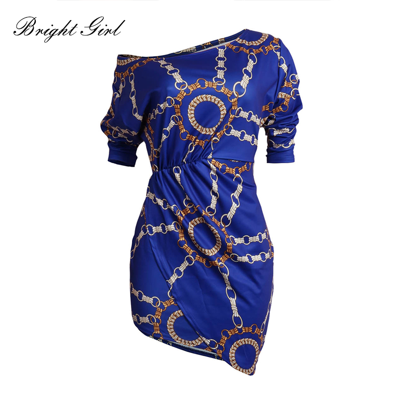 BRIGHT GIRL Women Sexy Dress Summer Causal Dresses For Ladies Chain Print Slash Neck Dress Mini Party Vestidos Female Clothes