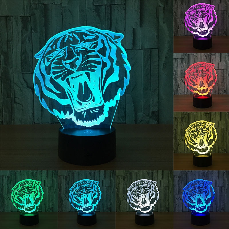 Cute Tiger Head 3D Nightlight Creative Decorative Lamp 7 Color Change LED Stereo Night Light Desk Table Lamp Gift
