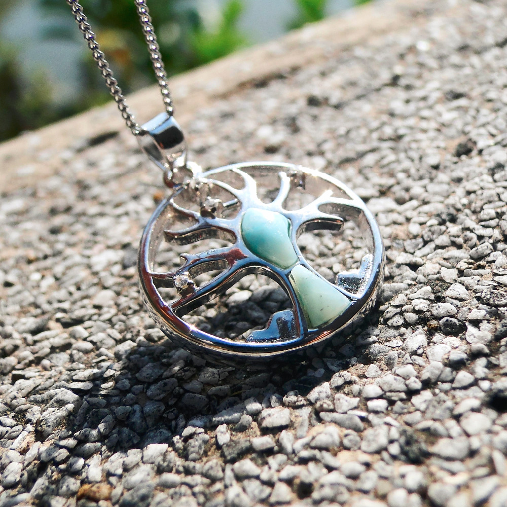 925 Sterling Silver Tree Of Life Protection Pendant, Natural LARIMAR Gemstone Family Sacre Tree of Life Charm,Spiritual Pendants