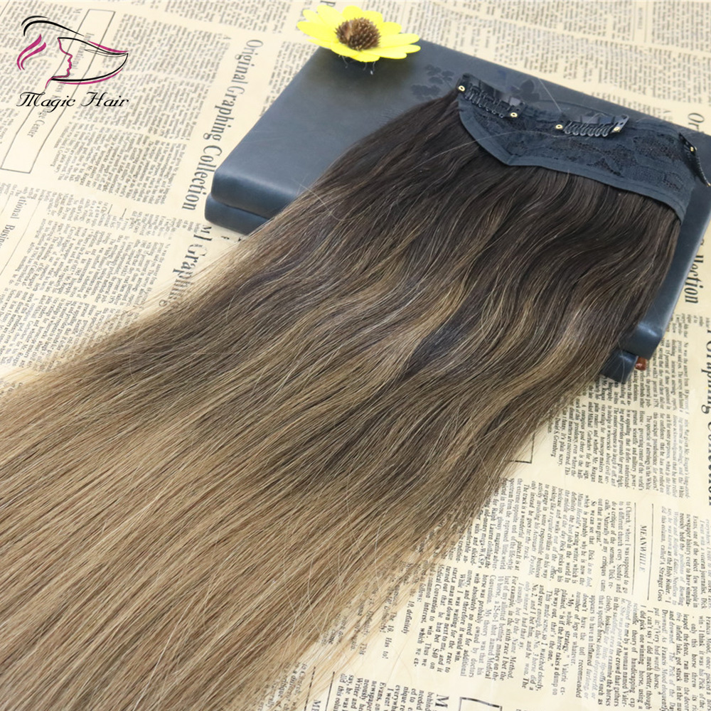 One Piece Clip In Human Hair Extensions Ombre Balayage Color #2 Fading to Color #8 5Clips With Lace