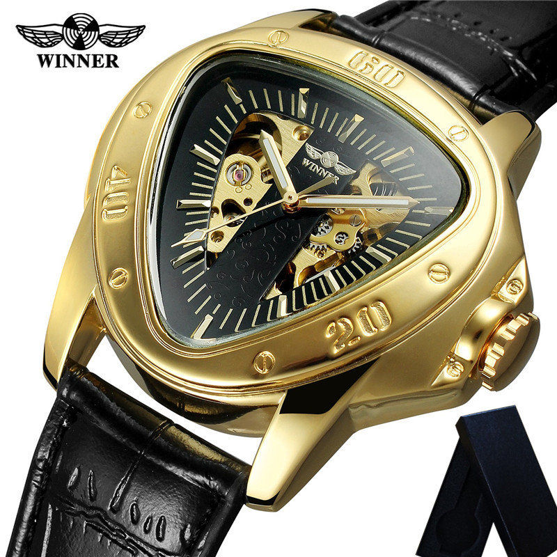 Winner Automatic Mechanical Mens Watches Leather Trangle Skeleton Man Clock Top Sport Male Wristwatch 0636