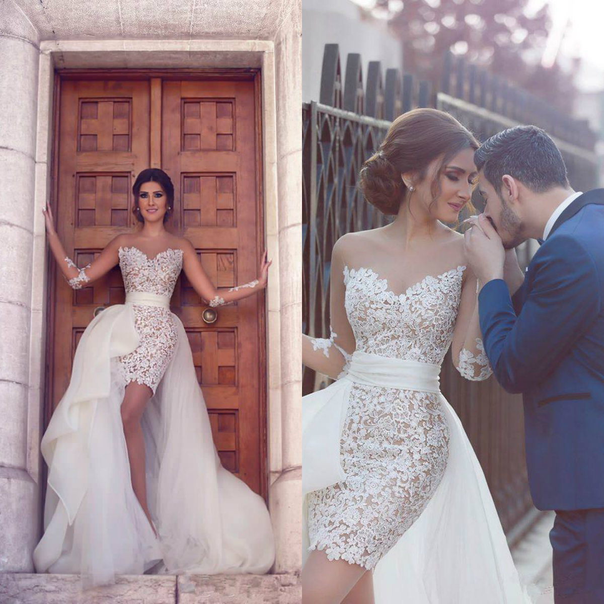 2018 High Fashion Short Wedding Dress Sheer Neck Long Sleeve Lace Appliqued Bridal Gowns With Detachable Tulle Overskirt