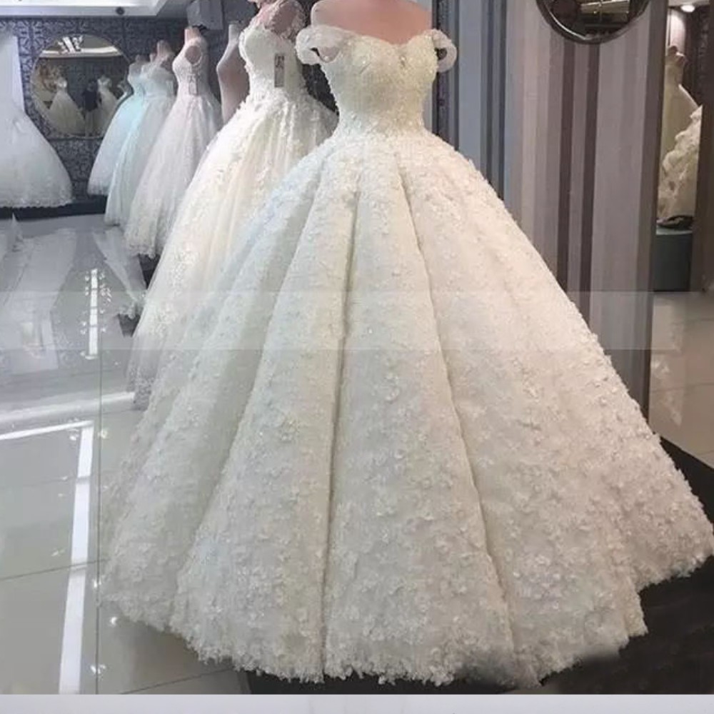 Sweet 3D-Floral Ball Gown Bridal Dress Glamorous Off The Shoulder Full Lace Floor Length Wedding Dresses Middle East Princess Wedding Dress