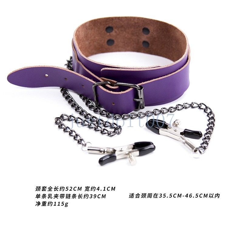Bondage Real Leather Buckled Chain Restraints Neck Collar Prop Clips Clamp cuffs Cosplay #R45