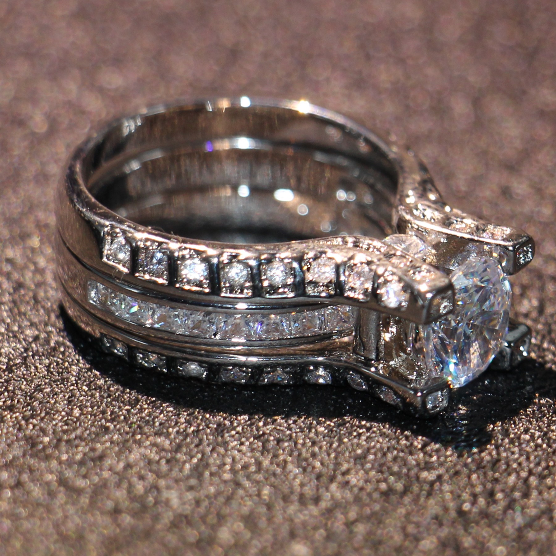 Size 5-10 Retro Vintage Jewelry 10KT White Gold Filled Round Cut Topaz CZ Dia Gemstones Women Wedding Bridal Ring Set For Lovers' Gift