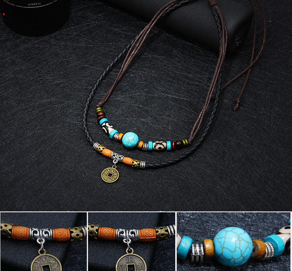 MNWT Ancient Coin Pendant Necklace/Multilayer Wood Beads Necklace Bohemian Fashion Jewelry Genuine Leather Men Necklaces