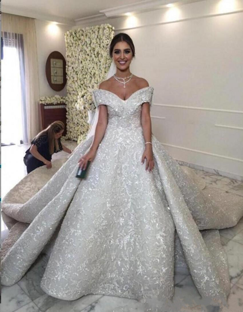Luxury 2019 Sparkly Wedding Dresses A Line Off The Shoulder Bridal Gowns Full Lace Appliques Beads Court Train Arabic Wedding Dress Vestido