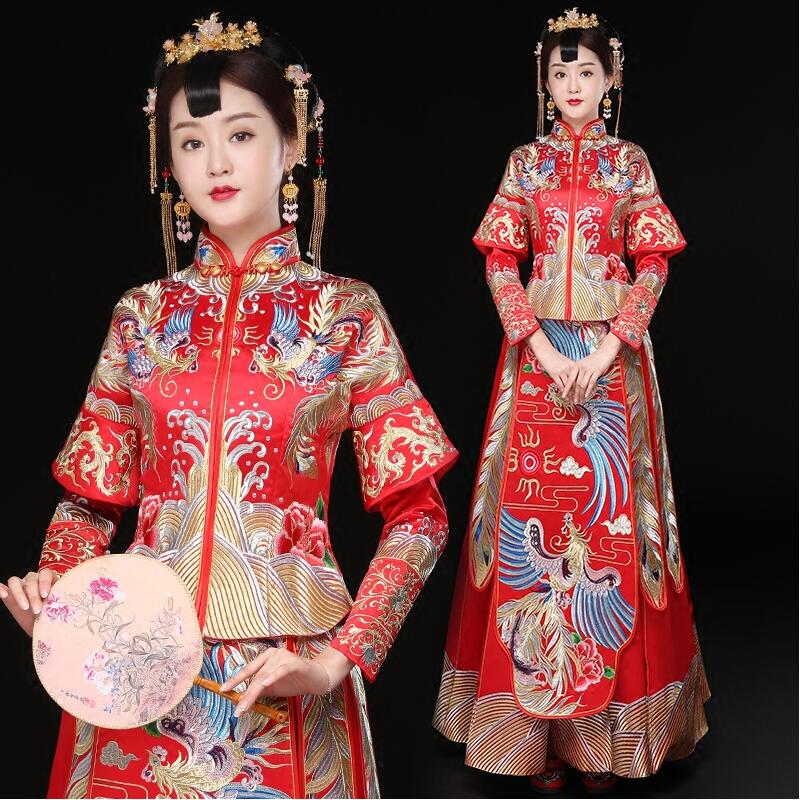 Vintage Red Bride Marry Dress Ancient vestido embroidered phoenix royal costume Traditional Chinese Women Wedding Cheongsam ethnic clothing