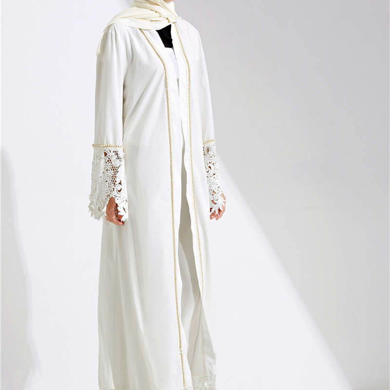 Dubai Caftan Abaya Kaftan Turkey Women Muslim Lace Pearl Dress Fashion White Robe Turkish Female Musulmane Cardigan Long dresses With Belt