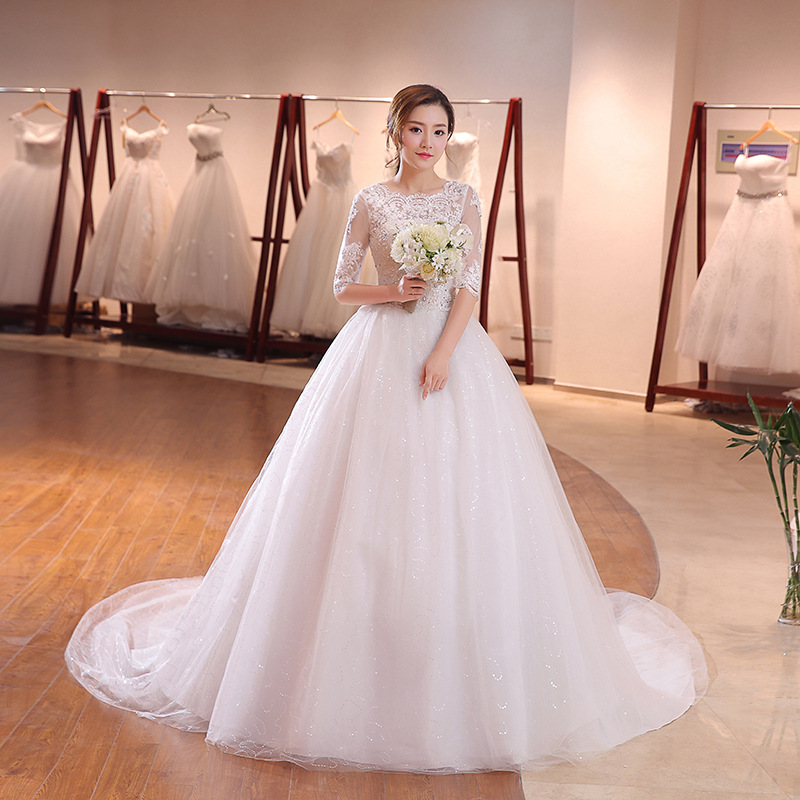 DHL Long Train Half Sleeve Embroidery Lace Wedding Dress 2017 New Arrival Sweep Brush Train Princess bride Gown Vestido De Noiva