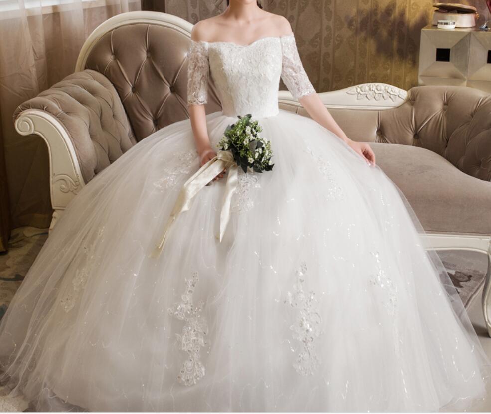 Vintage Ball Gown Wedding Dress With Short Lace Sleeve 2018 Plus Size Bridal Gown Cheap Bow vestido de noiva