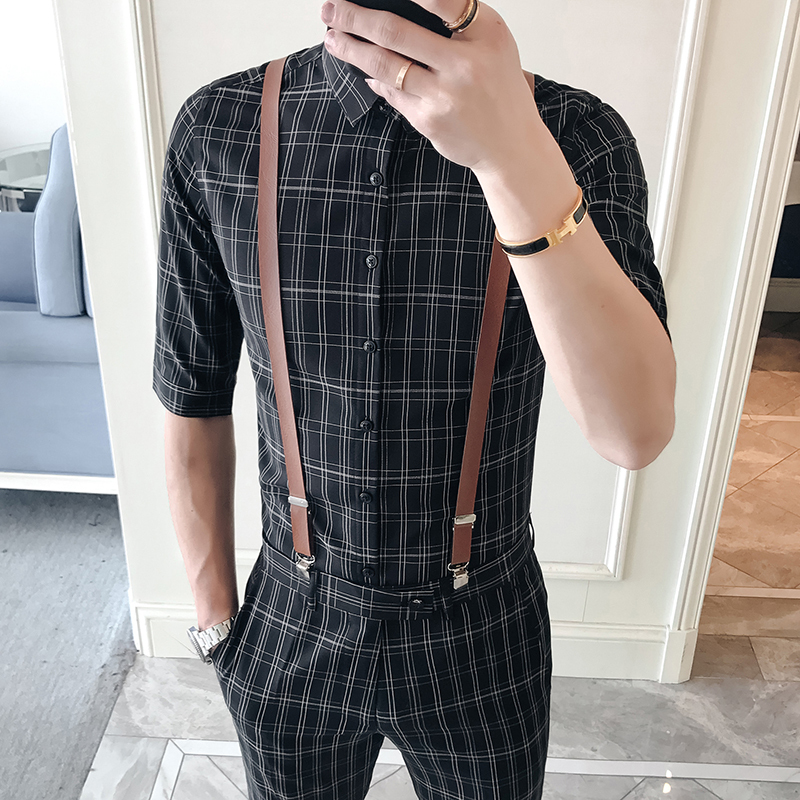 2pcs Vintage Plaid Office Men Set Slim Fit Mens Summer Shirts Heren Kleding Ankle Length Men Slim Fit Plaid Pants Moda Hombre