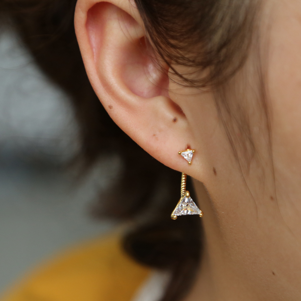gold plated triangle cz jacket earring for women 925 sterling silver double sided geometric fashion jewelry