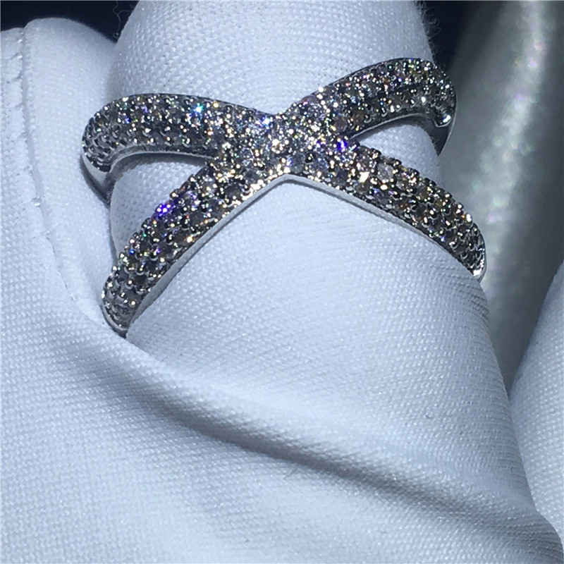 Vecalon Cross X ring Silver Color Pave setting Zircon Cz Crystal Engagement wedding band rings For women Finger Jewelry