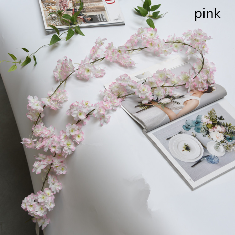 Artificial Cherry blossom Rattan Decorative DIY wedding vine silk flower upgrade new decoration for hotel background shop window decor 1.8m