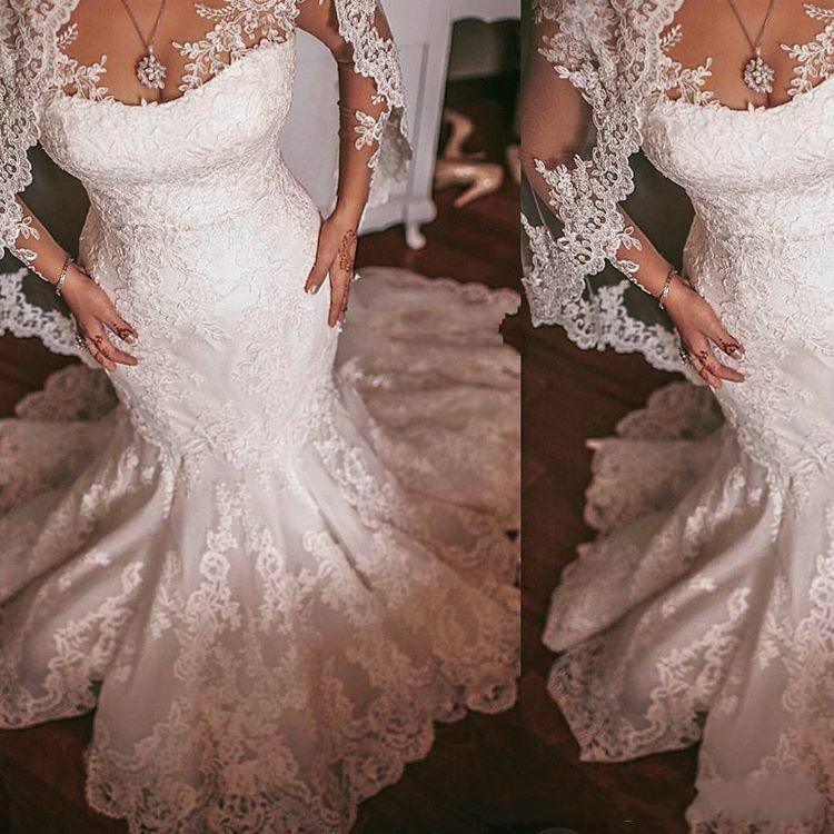 Vintage Mermaid Wedding Dresses Appliques Sheer Jewel Neck Sweep Train Long Sleeve Bridal Gowns Button Back Plus Size Wedding Dress