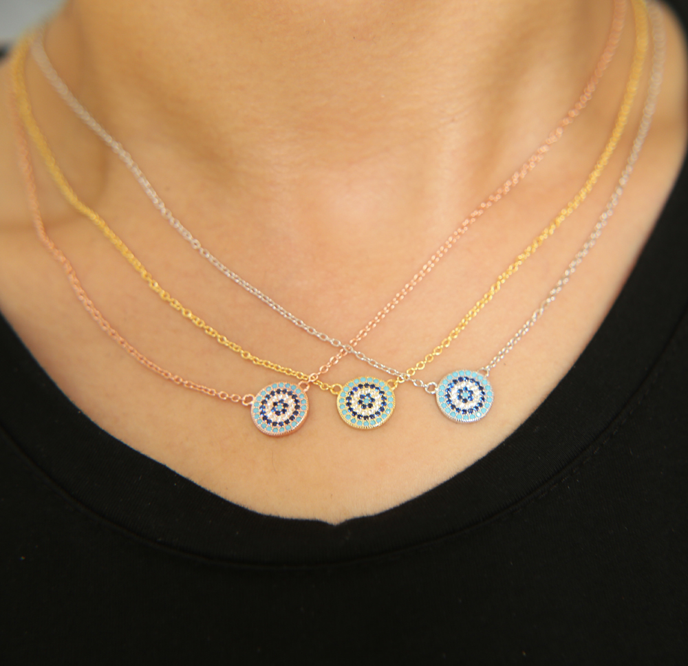 100% 925 sterling silver classic necklace round disk micro pave colorful cz turquoise evil eye charm lucky girl gift chain