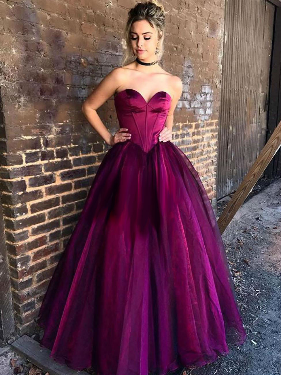 Purple Ball Gown Evening Dresses With Sweetheart Strapless Elastic Satin Tulle Floor Length Corset Bandage Prom Dress Party Gowns