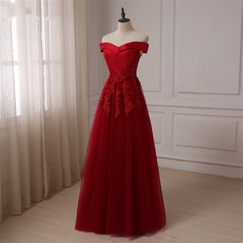 setwell Burgunday Bridesmaid Dresses Beaded Applique Off the Shoulder A-line Satin/ Tulle Bridesmaid Gowns Wedding Party Dress