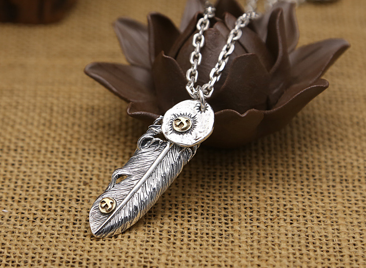 Brand new 925 sterling silver vintage jewelry antique silver hand-made designer feather necklace pendants no chain men women