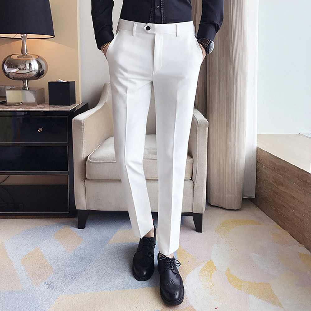 autumn Business Mens Formal White Suit Pants Cotton Anti WrinklePocket Wedding Bride groom male Business Casual Trousers
