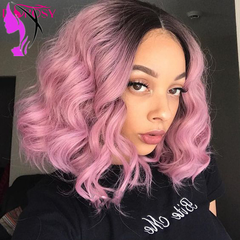 Hot ombre synthetic lace front wig heat resistant pink color Simulation Human Hair short bob wig for black women
