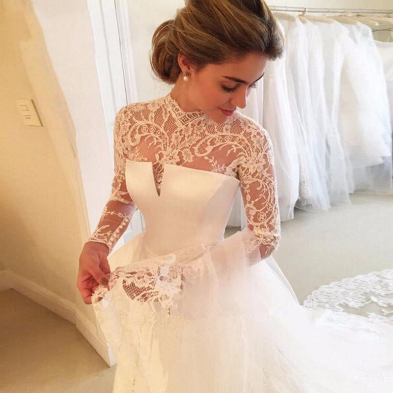 Elegant Ivory Wedding Dress High Collar Lace Long Sleeves Satin Bridal Gowns Sweep Train Dubai Arabic Wedding Dresses