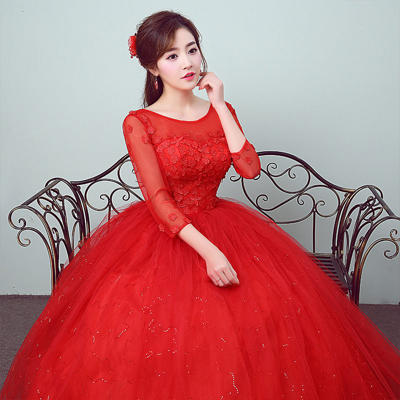 Wedding dress 2018 New Arrival Korean Stlye Fashion Simple Lace Three Quarter Sleeve Flower Red Bridal Gowns Vestidos De Novia
