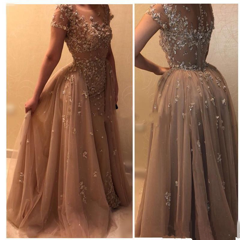 Champagne Arabic Mermaid Evening Dresses With Detachable Train Applique Crustal Formal Prom Party Gowns Special Occasion Dress, Nude 
Champagne Arabic Mermaid Evening Dresses With Detachable Train Applique Crustal Formal Prom Party Gowns Special Occasion Dress, Nude