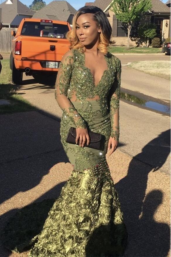 Prom Party Dresses with Long Sleeves Olive Green Mermaid 3D Froal Flower V-Neck Arabic Evening Wear Gowns, Orange
Prom Party Dresses with Long Sleeves Olive Green Mermaid 3D Froal Flower V-Neck Arabic Evening Wear Gowns, Orange