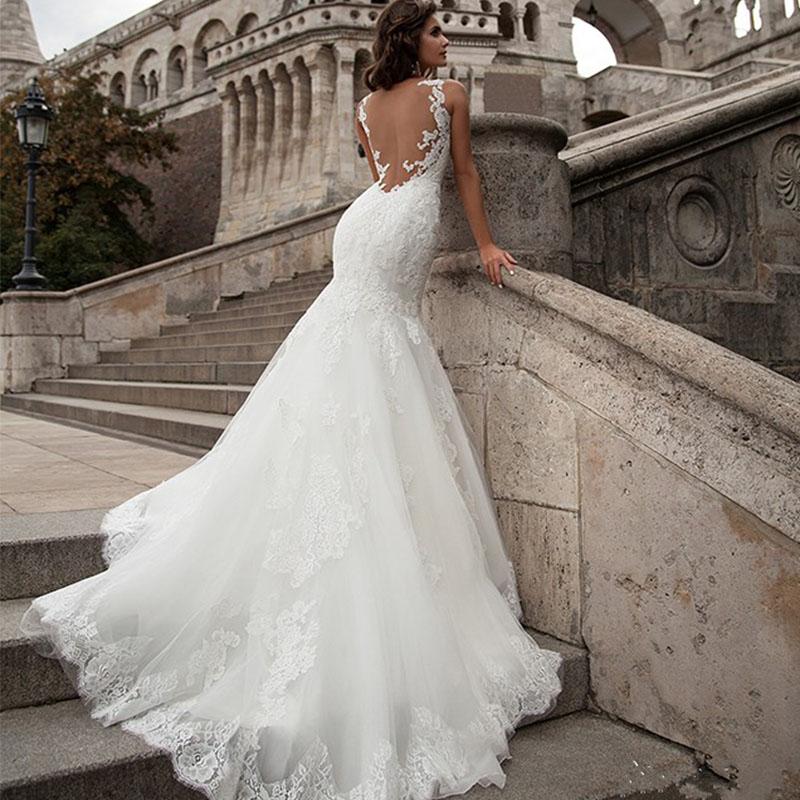Sexy Backless Lace Mermaid Wedding Dresses Vestido De Novia 2020 Sheer Straps Appliques Long Wedding Dress Robe De Mariage