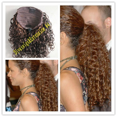 Halle berry style brown curly drawstring ponytail human hair extension clip in women ponytail 120g medium brown #4